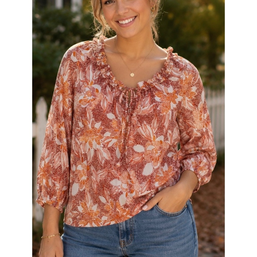 Banana Republic Womens Blouse Orange Medium Floral Top Summer Casual Lightweight